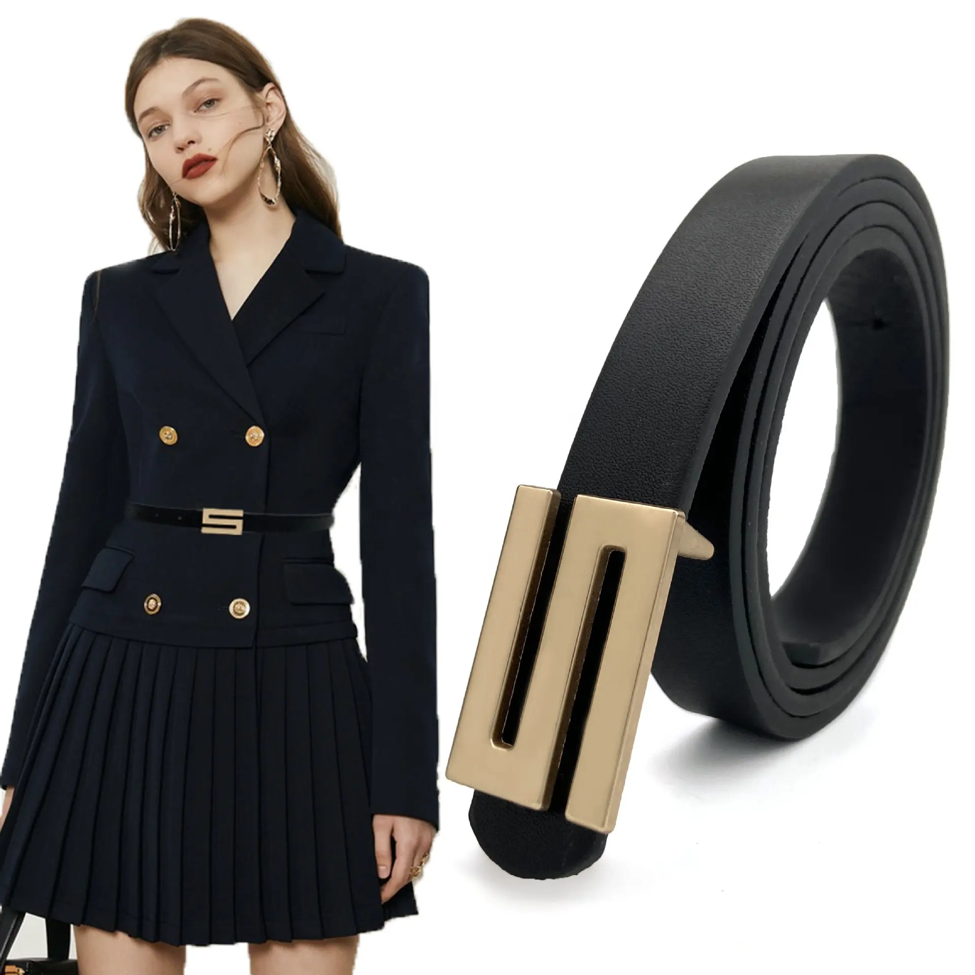 Casual Decorative Suit Dress Multi-color Fake Faux Golden S Buckle PU Leather Thin Belt for Ladies