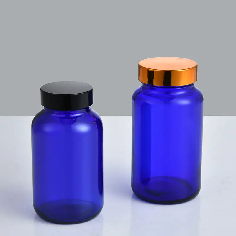 Garrafa de vidro vazia para suplemento de comprimidos de vitamina medicinal azul âmbar 60 ml - 500 ml com tampa de plástico preta