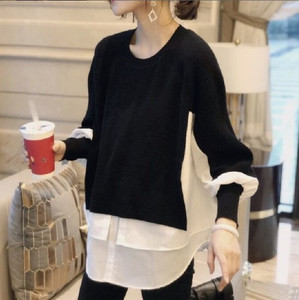 Suéter de punto para mujer con efecto de dos piezas (pullover + camisa), cuello redondo, manga abullonada, estilo oversize, informal y de moda. - Product Image 3