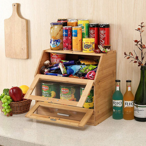 Boîte de rangement en bambou à deux niveaux, organiseur de cuisine, conteneur alimentaire avec porte en verre pour utilisation dans le garde-manger - Product Image 1