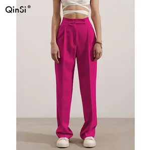 Atacado corredores para pernas longas-Qinsi calça plissada feminina, calças plissadas, moda outono 2022, de cintura alta, rosa, comprida, casual, perna larga