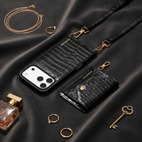 Vente en gros d'étuis de téléphone portable en cuir véritable de luxe, portables, à bandoulière, avec porte-cartes magnétique détachable pour iPhone