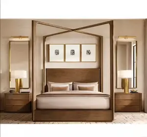 Cama de lujo Camas de madera de teca Marco de cama de madera tamaño Queen King Villa moderna Casa Hotel Muebles de dormitorio Conjunto