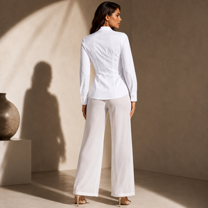 Chemise boutonnée en popeline de coton blanc pour femme, manches longues, col rabattu, coupe classique, tenue de bureau - Product Image 2