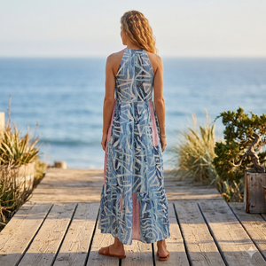 Vestido Maxi Boho con Cuello en V y Lazo, Estampado Geométrico, Corte A, Holgado, de Seda, Verano, Casual, Transpirable, Sin Mangas, Estilo Y2K para Mujer - Product Image 2