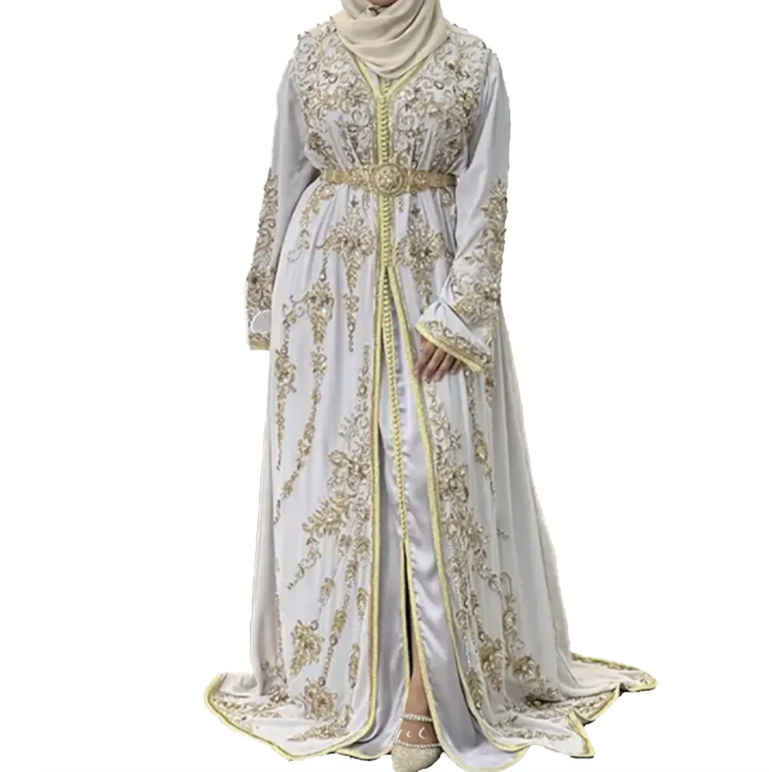 Oem Tùy Chỉnh Thủ Công Sang Trọng Thêu Pha Lê Dubai Kaftan Hồi Giáo Maxi Dài Dresses Morocco Kaftan Với Vành Đai