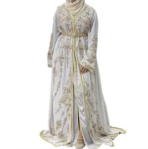 OEM kustom kerajinan tangan mewah bordir kristal Dubai Kaftan Muslim gaun panjang Maxi Maroko Kaftan dengan sabuk
