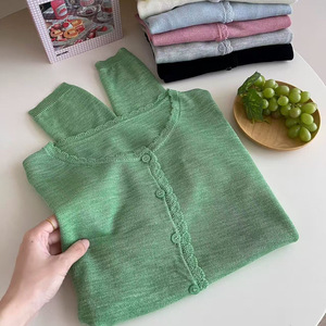 Cárdigan de punto Dalang para mujer, fino, holgado, de verano, con un solo botón, transpirable, de seda helada y lino, chaqueta de protección solar. - Product Image 1