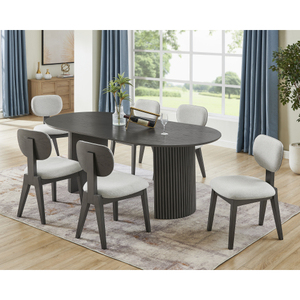 OE HOME 7-Piece 80" Oval Gray <b>Oak</b> Finish Dining Table Dual Pedestal Base Portable <b>Light</b> Gray Fabric Chairs (6-Seater No - Product Image 1