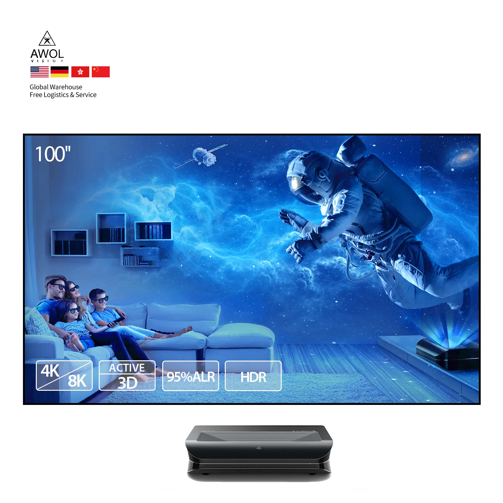 Ekran seti ile 150 "lazer TV, sinematik ALR ekranları ile AWOL Vision LTV 2500 Ultra kısa mesafeli akıllı TV projektör