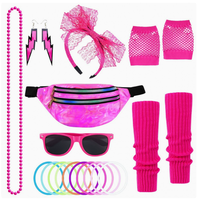 Ensemble de fête rétro années 80 pour femme : Bandeau en dentelle, accessoires, boucles d'oreilles, gants résille, collier – Tenue de soirée fantaisie années 1980