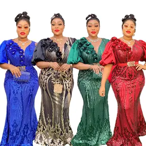 2024 Christmas Women's beading dress African Women's short Sleeve Evening Dresses elegant Party Fashion Slit mesh sleeves dress