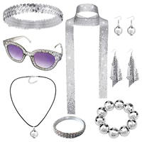 Ensemble d'accessoires disco des années 70 : Bandeau à sequins, collier, boucles d'oreilles, écharpe scintillante, bracelet, lunettes de soleil – Costume de fête années 70 (8 pièces)