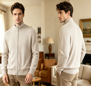 Cardigan da Uomo in 100% <span class=keywords><strong>Lana</strong></span> a Collo Alto con Zip Integrale, Vestibilità Slim, Stile Americano Classico, Maglieria ODM per l'Inverno - Product Image 1