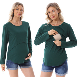 Haut d'allaitement pour femme enceinte à manches longues, double couche, col rond, en jersey doux, vêtements décontractés de <span class=keywords><strong>grossesse</strong></span>, vert - Product Image 1