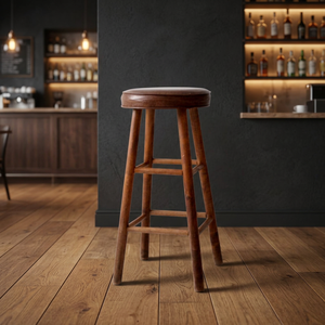 Vintage Teak Wood Round <b>Bar</b> <b>Stool</b> with Padded <b>Leather</b> Cushioned Seat - Product Image 3
