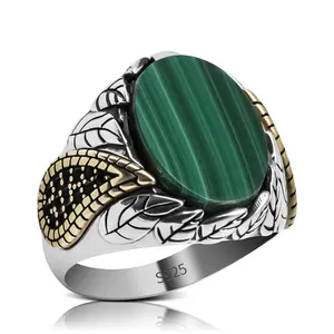 925 Sterling Silver Engraved Silver Men's Vintage Hand Ring Malachite Stone Handmade Handcrafted Male Ring for Guys