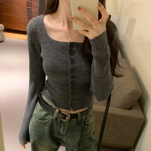 Elegante Cardigan da Donna Autunno Inverno Nuovo con Collo Quadrato, Vita Corta, Vestibilità Slim, Maniche Lunghe e Dettagli in <span class=keywords><strong>Pizzo</strong></span> Halter - Product Image 3