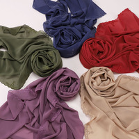 Hijab Chiffon Bordir Tepi Wanita, Kerudung Poliester Warna Solid, Selendang Lembut Muslimah Untuk Pemakaian Sehari-hari Kasual
