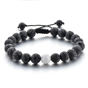Classic Trendy Black Lava White Howlite <b>Beaded</b> <b>Bracelet</b> Adjustable Unisex Jewelry Gift for Couples Lovers Valentine's Day - Product Image 1