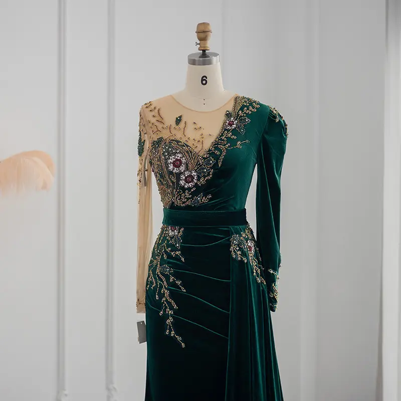 Lscz190 Emerald Green Velvet Mermaid Evening Dresses Black Long Sleeve Luxury Dubai Arabic Women Wedding Formal Dress