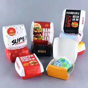 Caixa de papel para hambúrguer de hambúrguer, embalagem descartável com logotipo personalizado para alimentos