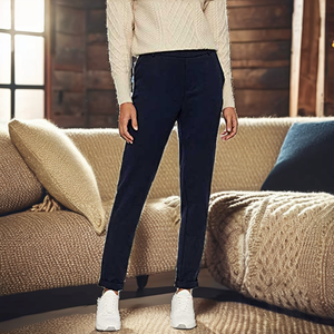 Pantalon en coton bleu marine pour femme, coupe droite, taille mi-haute, ceinture élastique, décontracté, longueur intégrale, couleur unie, pour l'automne - Product Image 2