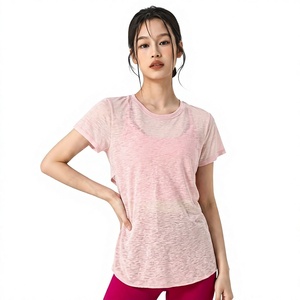Camiseta de yoga para mujer al por mayor con espalda cruzada y aberturas, cuello redondo, manga corta transparente, top deportivo de secado rápido y ligero para Pilates - Product Image 3