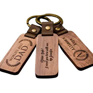 Hout Sleutelhanger Dropshipping Custom Logo Gepersonaliseerde Houten Ambachten Hoge Kwaliteit Massief Hout Walnoot Sleutelhanger Pu Leer