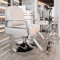 Fauteuil de Barbier Élégant en Cuir Blanc, Chaise Pivotante de Salon de Coiffure en Acier Inoxydable Brillant avec Base Robuste