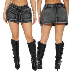 באיכות גבוהה אופנתי סקסית נשים מינרלים כביסה נמוכה עלייה מטען חצאית ג'ינס מיני צד כיס רוכסן שחור חצאית ג'ינס מיני