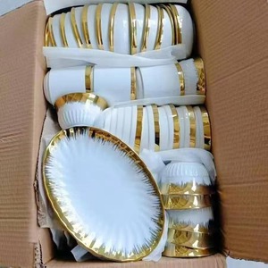 Service de vaisselle moderne en porcelaine blanche, luxe, bord doré, assiettes carrées, bols, compatible micro-ondes, minimaliste, pour la restauration, festif - Product Image 1