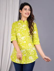 Top informal con estampado amarillo liso para mujer, mangas con puños, ropa de fiesta de verano de punto, fabricación india, precios bajos, OEM disponible - Product Image 3