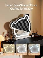 Ensemble de coiffeuse moderne de luxe blanc crème avec miroir LED en forme d'ours mignon, bureau de maquillage esthétique avec coffre de rangement à 2 tiroirs