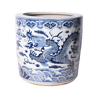 Vase de sol en céramique Art Déco bleu et blanc de Jingdezhen, grand cylindre, motif dragon, peint à la main, vague marine, pot à fleurs pour la décoration intérieure