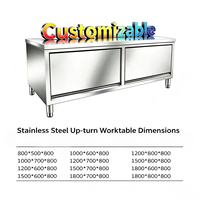 Table de travail commerciale en acier inoxydable avec portes rabattables, rangement en armoire, poignées encastrées, pieds réglables, finition polie