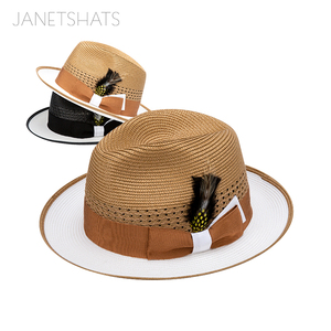 Sombrero de Paja para Hombre Bruno Capelo, 100% Poliéster Trenzado, Ala Rizada, Dos Tonos de Color, Banda con Lazo de Pluma para Viajes, Pesca y Actividades al Aire Libre - Product Image 2
