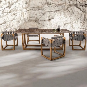 Ensemble de table et chaises en teck pour extérieur, avec chaises tressées, pour jardin, patio, balcon, cour, résistant aux intempéries - Product Image 2