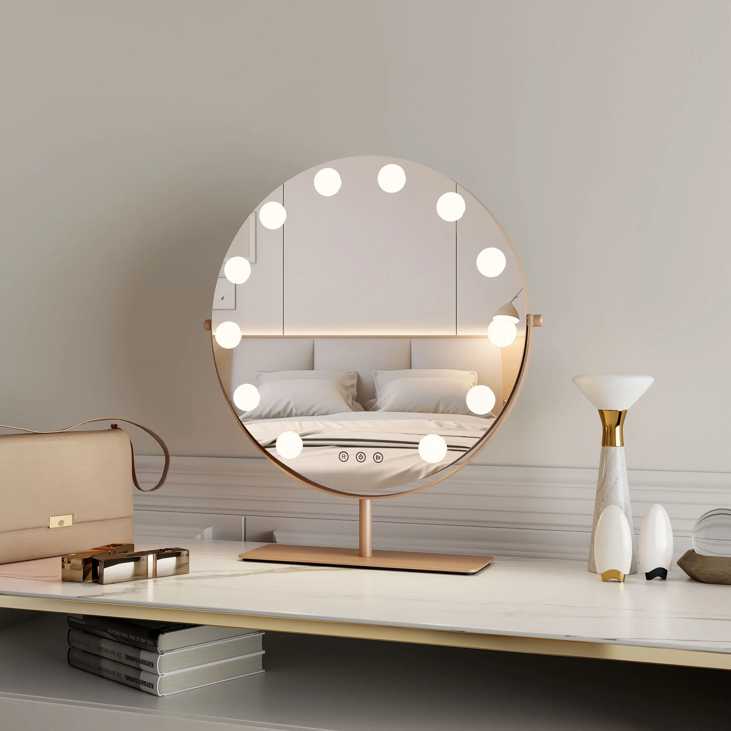 Style hollywoodien 43x48cm fabricant ampoules or rose ampoules maquillage éclairé 360 rotation miroir de courtoisie avec lumières led