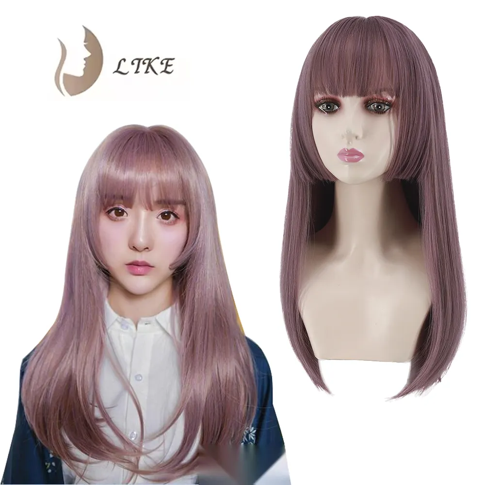 Graypurple Wigs Women's Y2K Long Straight Hair Wig with Bang Heat Resistant Synthetic Full Hairpiece for Halloween Cosplay Party