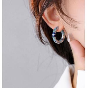 European American High-End <b>Retro</b> Style Blue Zircon Earrings Trendy Geometric Hoop Diamond Rhodium Light Luxury <b>Gift</b> for Women - Product Image 6