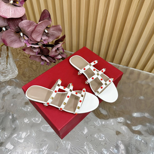White Multi-Strap Slide Sandals with Red and Gold Studded Accents - Product Image 2