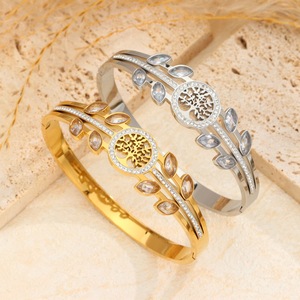 Bracelet en acier inoxydable plaqué or 18 carats, sans ternissement, avec cristal de zircon <span class=keywords><strong>champagne</strong></span>, inspiré de l'arbre de vie du Cachemire - Product Image 3