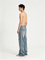 Jeans déchirés à jambe large et coupe bootcut, effet moustache vintage, éclaboussures de peinture, en denim, pour hommes, vente en gros de vêtements