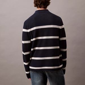 Jacquard Knitted Man Pullover Relaxed Fit Long Sleeve Cotton Front Button Collar <strong>Black</strong> and White Striped <strong>Polo</strong> Sweater - Product Image 3