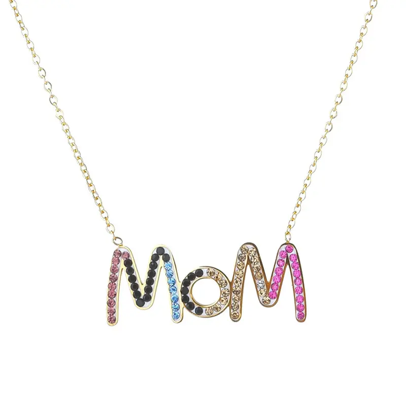 Stainless Steel Colorful Rhinestone Mom Letter Pendant Necklace Mother's Day Birthday Gift Jewelry