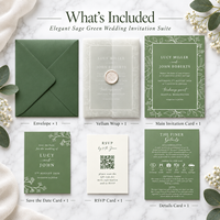 Suite d'invitations de mariage personnalisées vert sauge à thème botanique, avec enveloppe en vélin, sceau de cire et carte RSVP – Fabricant OEM/ODM en gros