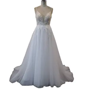 Reasonable Price Deep V-neckline Sleeveless A Line Bridal Dress Backless Sequins Applique Princess Ball Dress