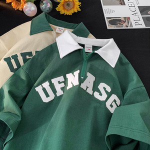 Polo unisex de gran tamaño con cremallera al por mayor algodón contraste color letra impresión fitness manga corta ajustada digital - Product Image 5