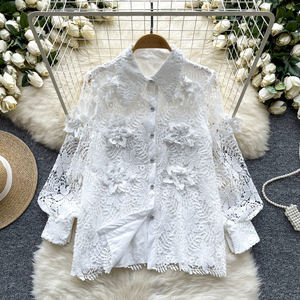 फीता ब्लूज़ महिलाओं गर्मियों की शैली तीन आयामी फूल सिंगल ब्रीस्टेड लंबे आस्तीन ब्लाउज - Product Image 4